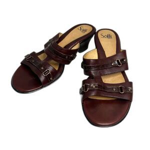 Sofft Brown Leather Slip On Block Heel Open Toe Strappy Women's Size‎ 10M